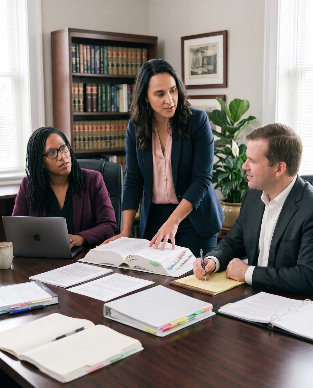 Sahily Picon, Jasmine King, and Thomas F. Rhodes IV reviewing case materials together