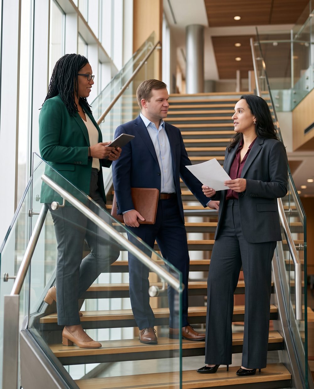 Sahily Picon, Thomas F. Rhodes IV, and Jasmine King of Eximius Writing Services talking on a staircase